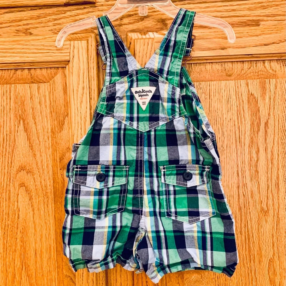 OshKosh B'gosh Green and Blue Plaid Overalls, size 12 mos